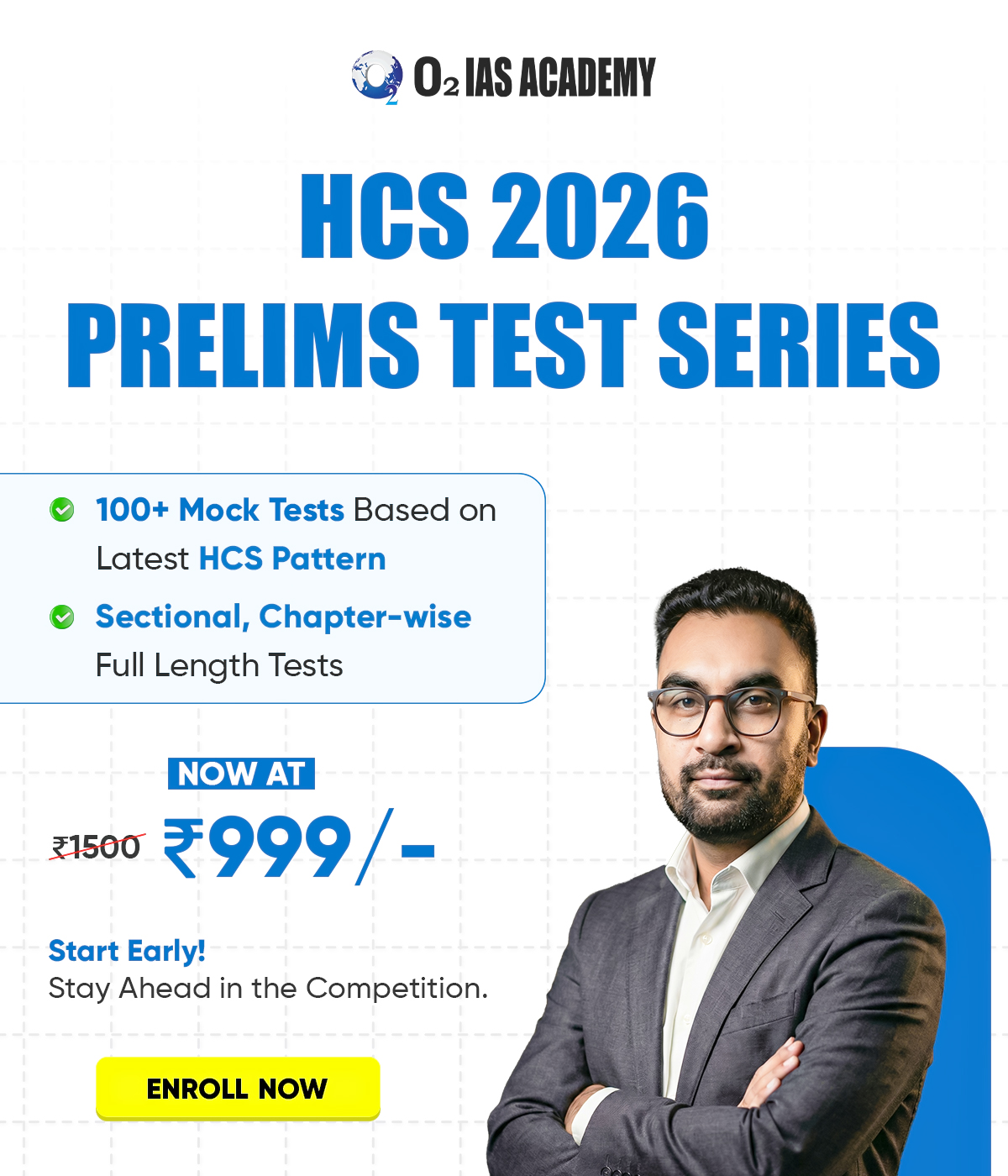 HCS Prelims Test Series 2026 banner – O2 IAS Academy