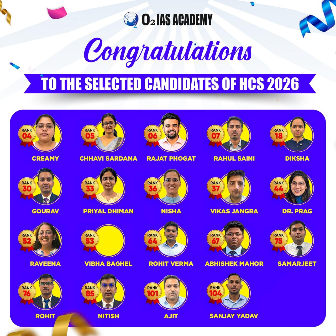 O2 IAS Academy HCS 2026 candidate achievement graphic with candidate names and ranks